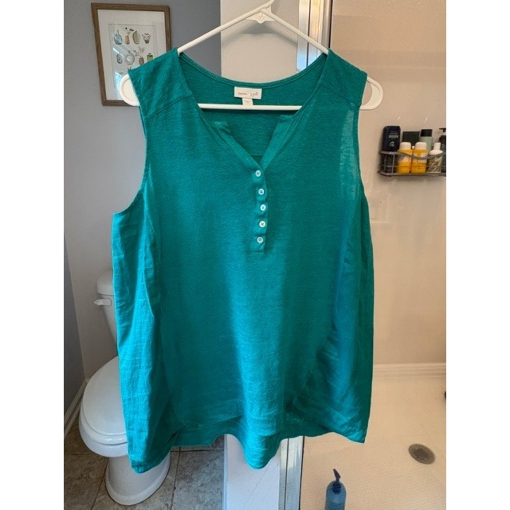 J.Jill Love Linen 100% Linen Sleeveless Henley Tank Top Teal Women's Medium